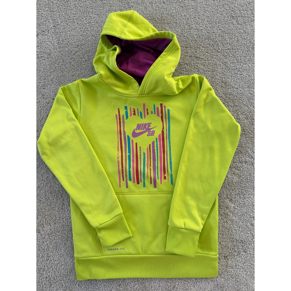Nike SB Therma-FIT Kids Hoodie Neon Lime Green Heart Graphic Pullover Sweatshirt